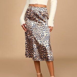 Lulus Global Icon Tan And Navy Blue Leopard Print Satin Midi Skirt - Size S
